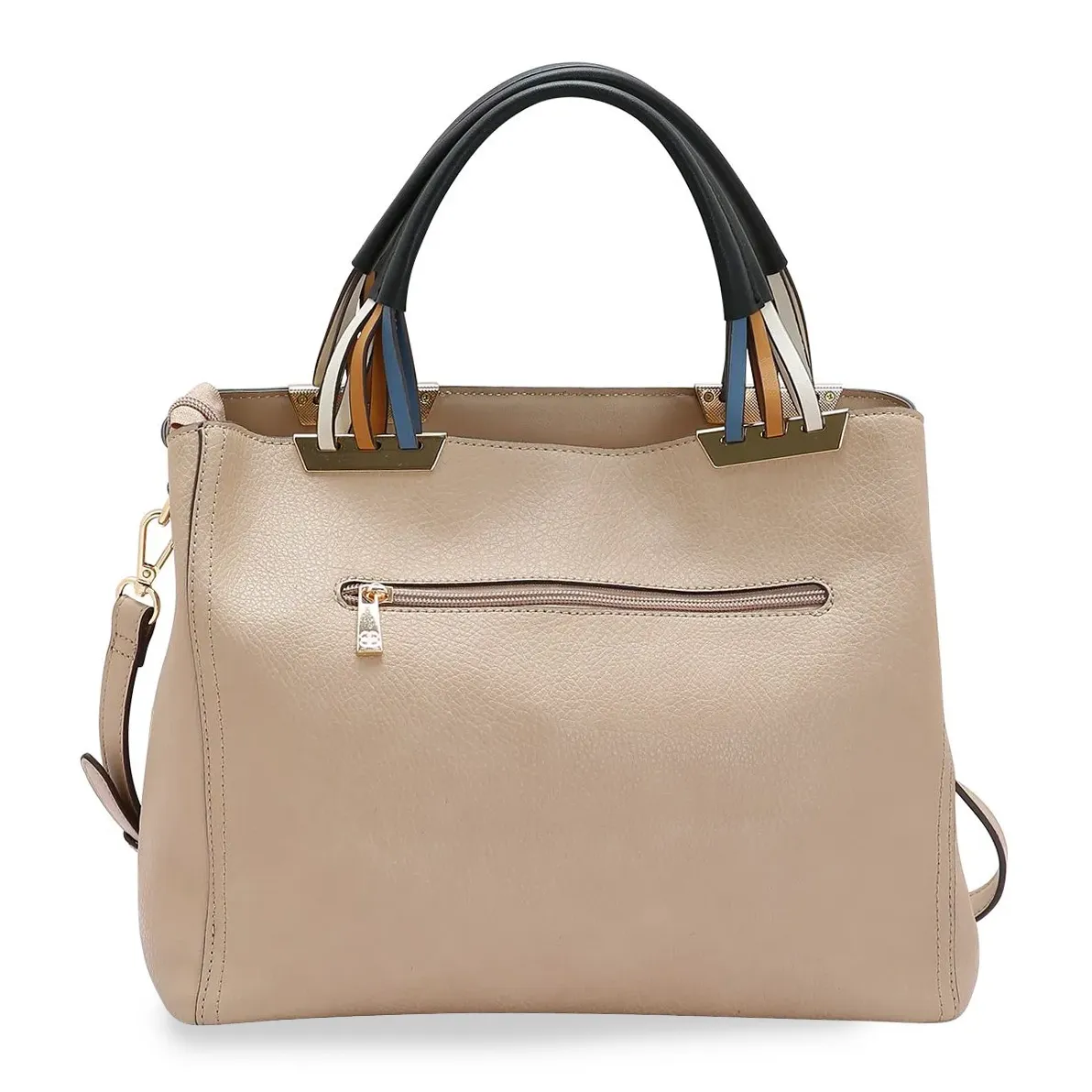 Bolsa feminina Chenson Contemporâneo Chic bege vista frontal com alças coloridas e design estruturado